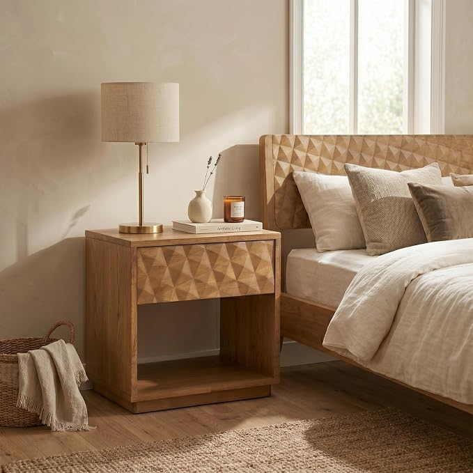 NTC Sapa Solid Wood Nightstand with 3D Carved Drawer Front – Modern Bedside Table with Open Shelf, Easy Assembled - Teak Look - Image 3