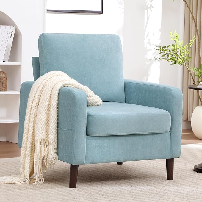 Accent Chair for Living Room, Modern Reading Chair for Bedroom, Upholstered Armchair with Wood Legs and Side Pockets, Single Sofa Side Chair for Office, Small Room, Apartment, Teal Green