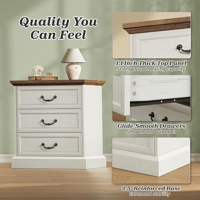 Huuger Nightstand with Charging Station, 3 Drawer Night Stand Set of 2, 22 Inch Wider Side Table with Storage, Farmhouse Nightstand with Vintage Handles, Thicken Base, for Bedroom, Distressed White - Image 8