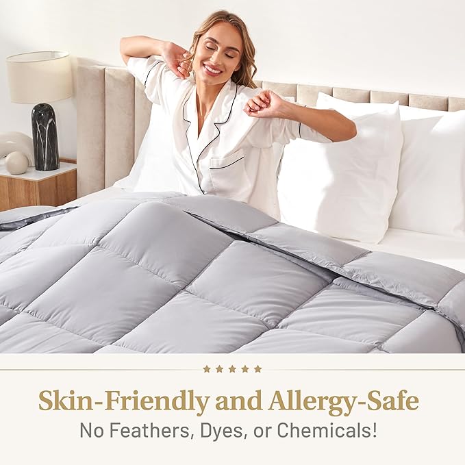 Lavish Comforts® Grey King Comforter – Fluffy Down Alternative Duvet Insert, Light Grey Comforter, All-Season Bedding, Hypoallergenic, Machine Washable, King Duvet Insert w/Corner Loops