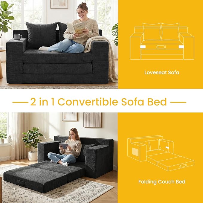 Boneless Loveseat Sleeper Sofa Bed: 3-in-1 Convertible Sofa Bed with Side Pockets & Handle,Pull Out Couch with 2 Pillows,Folding Futon for Small Space,Living Room & Bedroom,Chenille Fabric,No Assembly