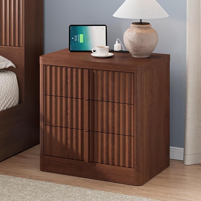 YANSNWO 23.6" Nightstand Set of 2 with Charging Station, Bedside Table with 3 Storage Drawers, Mid Century Modern Night Stand with Solid Wood Handle, End Table for Bedroom, Living Room, Walnut - Image 2