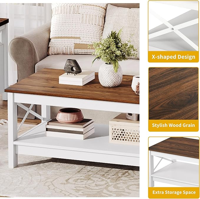 DWVO Rectangle Coffee Tables for Living Room Storage Table Wood Coffee Table with Thicker Legs 2 Tier Modern Coffee Table Center Table for Living Room, Brown