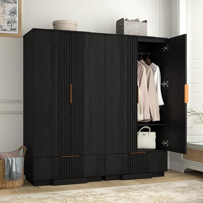 Yechen 67" Fluted Armoire Wardrobe Closet with Doors and Drawer Set of 2, Wooden Wardrobe Closet Cabinet with Adjustable Shelve, Modern Small Armoires Storage Clothes, Coats for Bedroom, 2pcs,Black