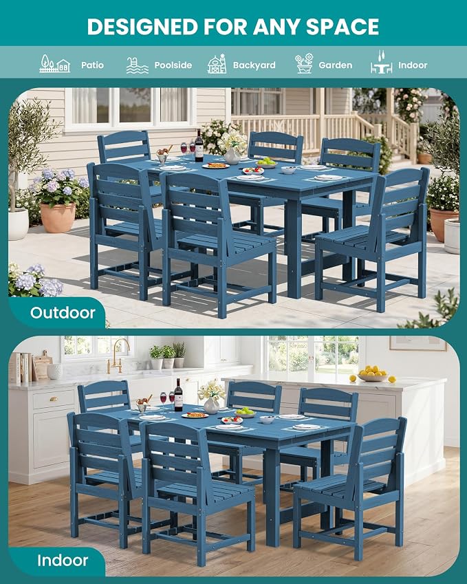 SERWALL Patio Dining Sets for 6 Person, HDPE Dining Set with 6 Armless Chairs, Blue - Image 7