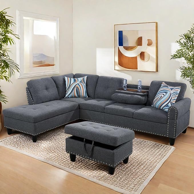 FONTOI L Shaped Sectional Couch with Otttoman, 97" Leather Sectional Sofa for Living Room Modular Couches with Cup Holders for Bedroom, Apartments, Grey