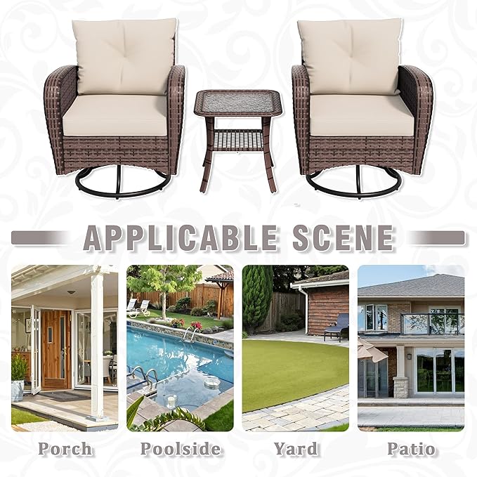 3 Piec Patio Bistro Set with 2 Rocking Chairs & Table, 360° Swivel PE Wicker Outdoor Furniture, Heavy-Duty Steel Frame,Weatherproof Cushions, Beige