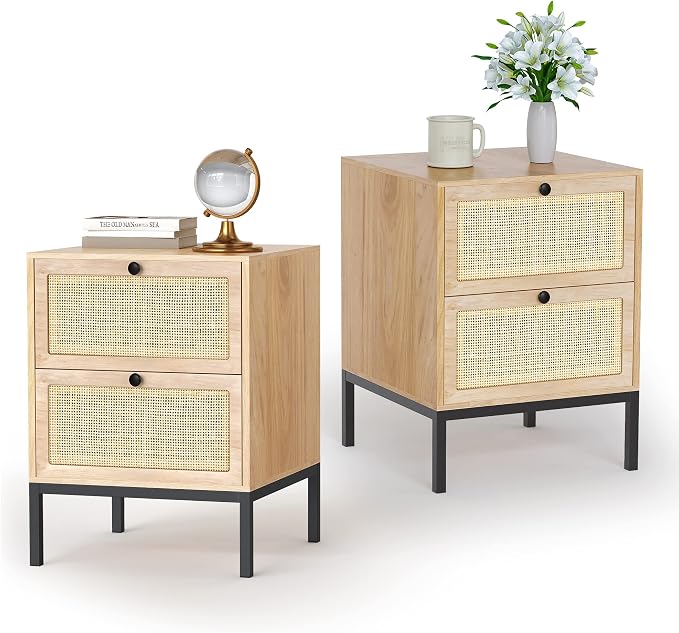 Yechen Set of 2 Rattan Nightstands with 2 Storage Drawers, Boho Bedside Table with Handmade Natural Cane, Mid-Century Modern End Table with Metal Legs for Bedroom, Natural Oak by Yechen