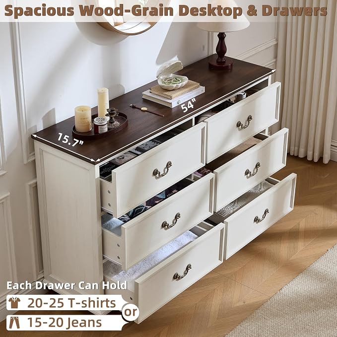 Joaxswe Farmhouse 6 Drawers Dresser for Bedroom, Vintage 54" Wide Chest of Drawers w/ 4 Wooden Legs, Rustic Large Closet Storage Dressers Organizer for Hallway, Wood TV Stand for Living Room, White - Image 3