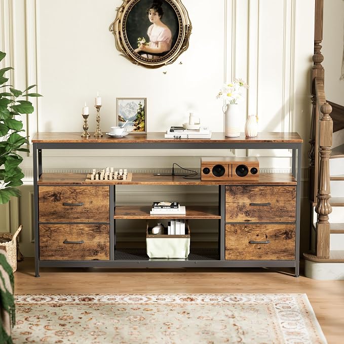 Huuger TV Stand Dresser with Power Outlets and LED Lights, 4 Drawers Entertainment Center with Shelves, 54 Inch Media Console for 55 60 Inch TV, 4 AC Outlets, 2 USBs, Rustic Brown - Image 9