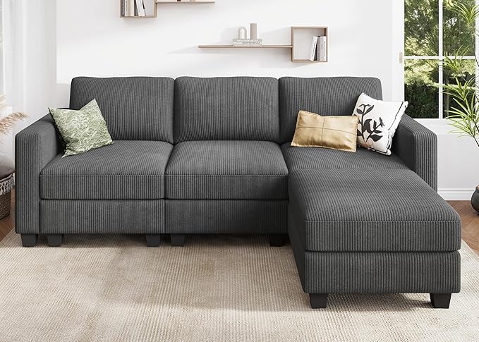 HONBAY Convertible 97'' Sectional Sofa with Storage Ottoman, 3 Seat L Shaped Couch for Small Space,Living Room, Grey