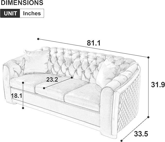 KEIKI 81" Luxury Oversized Velvet Chesterfield Sofa with Gold Stainless Decoration, Mid-Century Style 3-Seater Couch with Tufted Back and Rolled Arms, Easy Assembly, for Apartment, Living Room, Grey