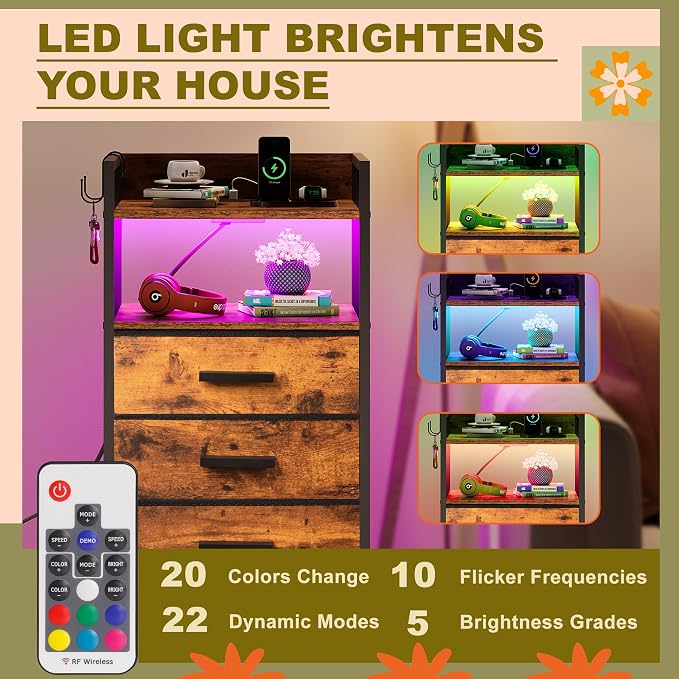 Nightstand 5 Drawer Dresser with Charging Station & LED Lights, Side Table with Fabric Drawers, End Table with Open Shelf with Hooks, Tall Dresser for Bedroom, Hallway, Entryway (Rustic Brown) - Image 4