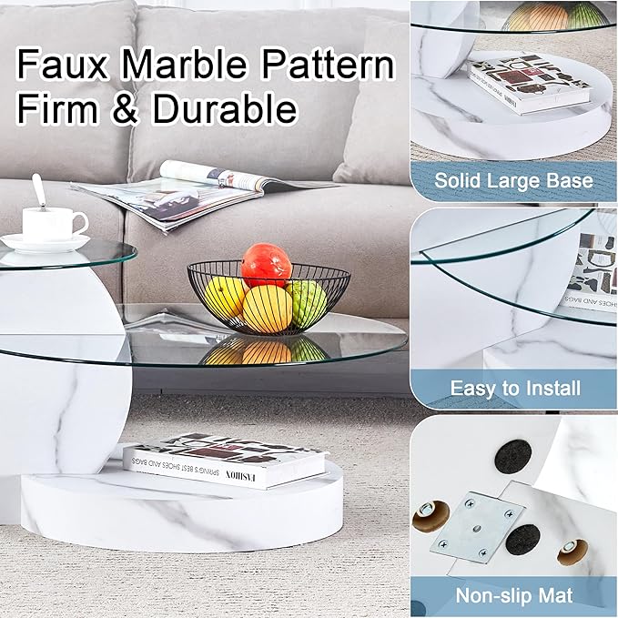 35.4" Glass Coffee Table, Round Coffee Table, 2-Tier Tempered Glass Tabletop with White Faux Marble Base, Modern Center Table for Living Room, Home, Apartment, Ideal for Small Space