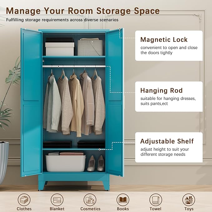 71" Tall Metal Armoire Wardrobe Closet, Clothing Storage Cabinet, Freestanding Wardrobe Cabinet with 2 Adjustable Shelves for Bedroom, Office, Garage