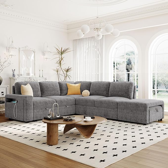 Ball & Cast 90.6" Convertible Sectional Couches Fabric Sofa Set with Pull Out Bed,L-Shaped Modular Padded Cloud w/Storage Space and USB Ports & Cup Holders on The Armrests,for Living Room,Gray