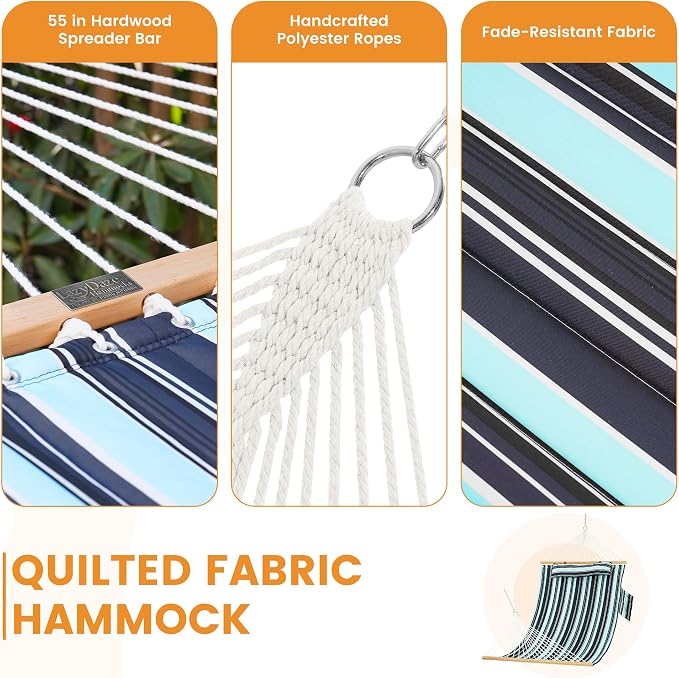 Lazy Daze Hammocks 2 Person Double Quilted Fabric Hammock with Spreader Bar, Detachable Pillow, Side Pocket, Carabiners, Chains, Straps for Outdoor, 450lbs Capacity, Aqua Navy - Image 5