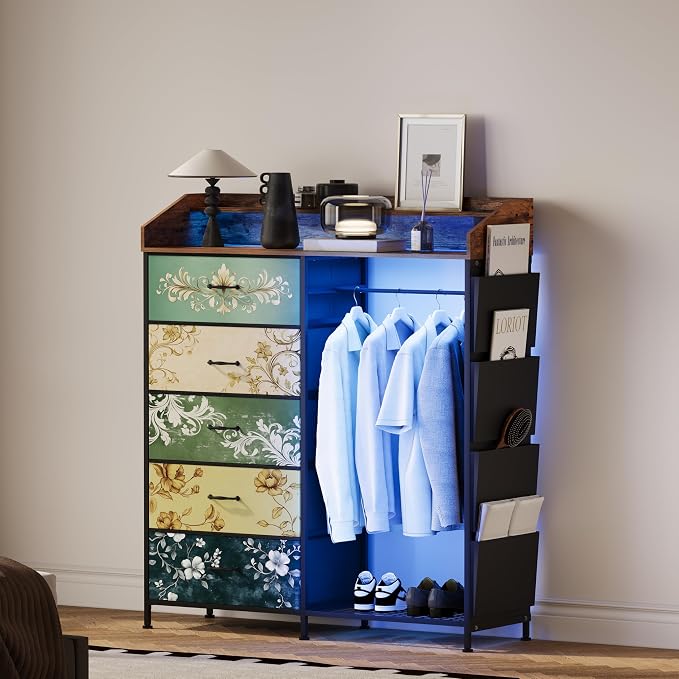 LUMTOK 2-in-1 Dresser with Hanging Racks,5 Fabric Drawers Dressers with LED Lights, Charging Station for Bedroom Living Room, Entryway, Closets (Retro Pattern) - Image 9