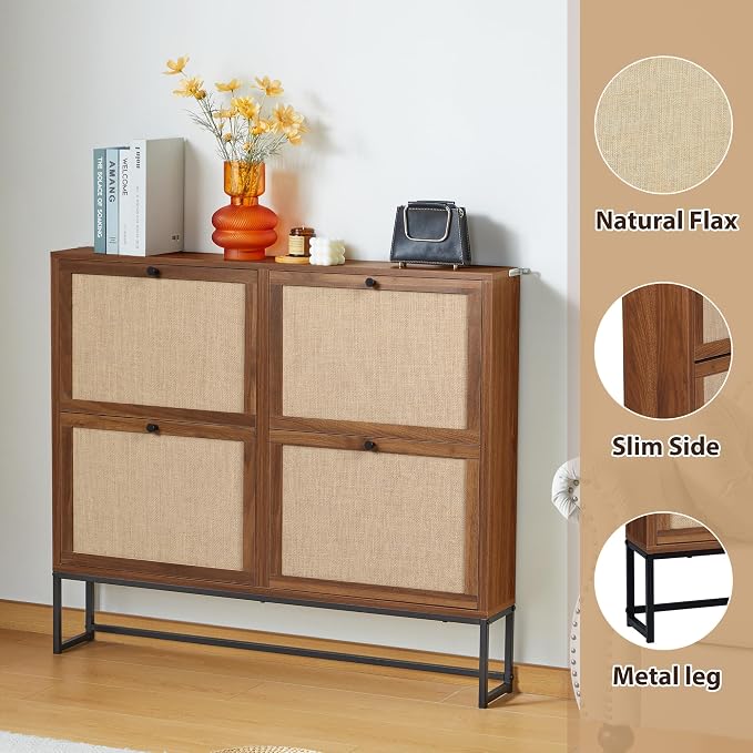 AVZEAR Narrow Shoe Storage Cabinet for Entryway with Natural Linen Panel, Freestanding Slim Shoe Cabinet with 4 Flip Drawers, Wood Shoe Organizer Closed Shoe Rack for Hallway, Living Room(Walnut) - Image 5