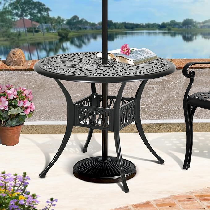 DWVO 35 Inch Outdoor Dining Table Cast Aluminum, Patio Round Bistro Table with Umbrella Hole for Backyard, Garden, Patio, Porch, Black - Image 4