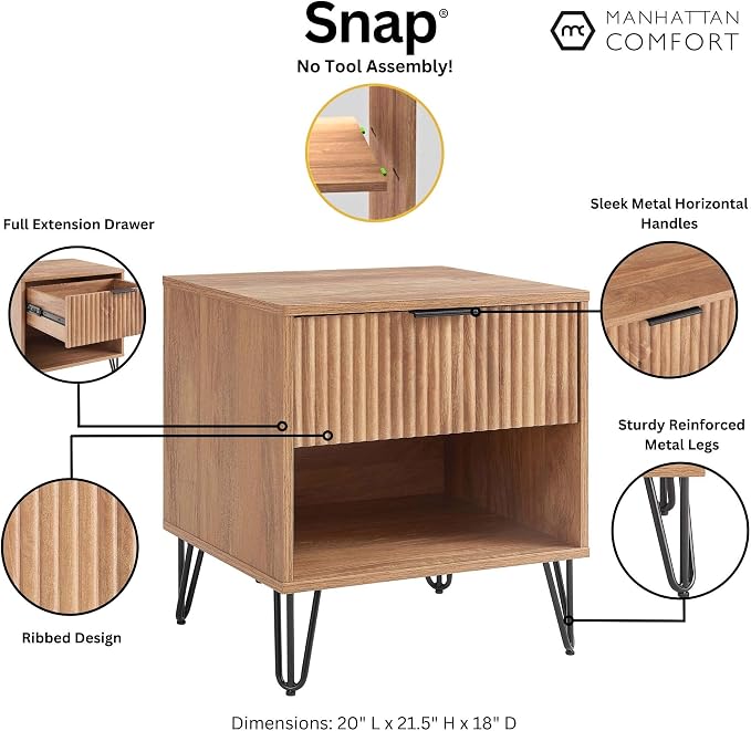 Manhattan Comfort Dumbo Fluted Nightstand with Drawer and Open Shelf, Gold Hairpin Legs and Metal Handle, Snap Tool-Free Assembly, Bedside Accent Table for Bedroom, Office, Living Room in Golden Brown - Image 4