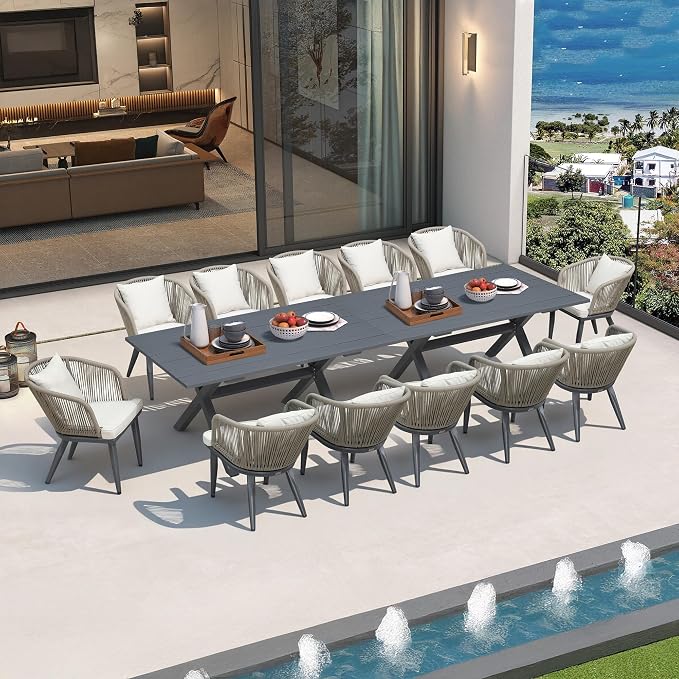 PURPLE LEAF 14 Pieces Patio Dining Set Wicker Outdoor Furniture Rectangular Table and Chairs Set for Garden Deck Aluminum Frame Backyard Kitchen Set, Cushions and Pillows Included Taupe by PURPLELEAF