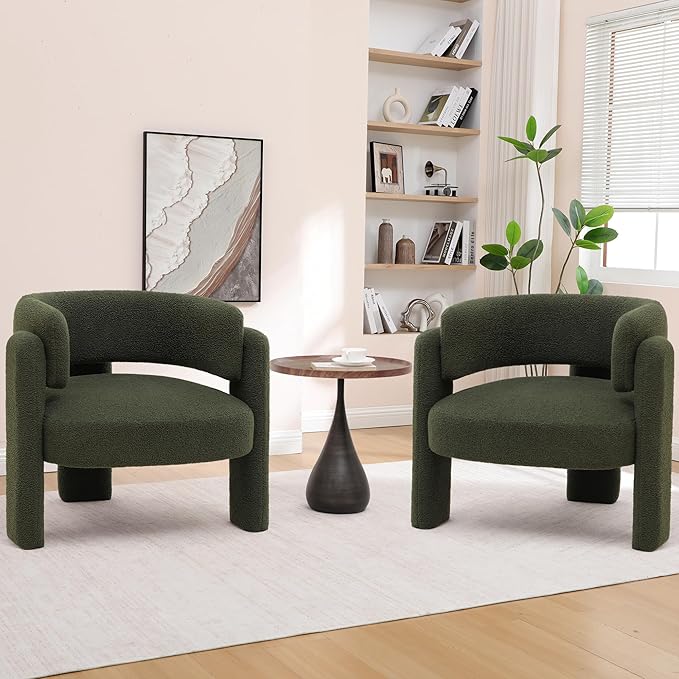 Accent Chairs Set of 2, Modern Sherpa Barrel Chairs, Upholstered Living Room Chairs with 3 Legs, Comfy Armchair Reading Side Chair for Bedroom, Office, Apartment, Green