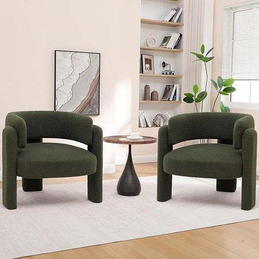 Accent Chairs Set of 2, Modern Sherpa Barrel Chairs, Upholstered Living Room Chairs with 3 Legs, Comfy Armchair Reading Side Chair for Bedroom, Office, Apartment, Green
