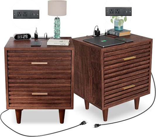 Night Stand with Charging Station Set of 2, Side Table with 2 Drawers, Mid Century Modern End Table with Storage, Bedside Table with USB Ports and Outlets, Nightstand for Bedroom, Brown 2PCS by Alohappy