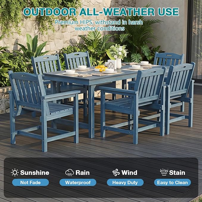 Mdeam 7-Piece HIPS Outdoor Dining Set, 66.9" Patio Table with Umbrella Hole, 440LBS Capacity, 6 Wider Chairs, Dining Table Set for 6, Indoor Outdoor Furniture with Galvanized Steel Frame, Navy Blue - Image 5