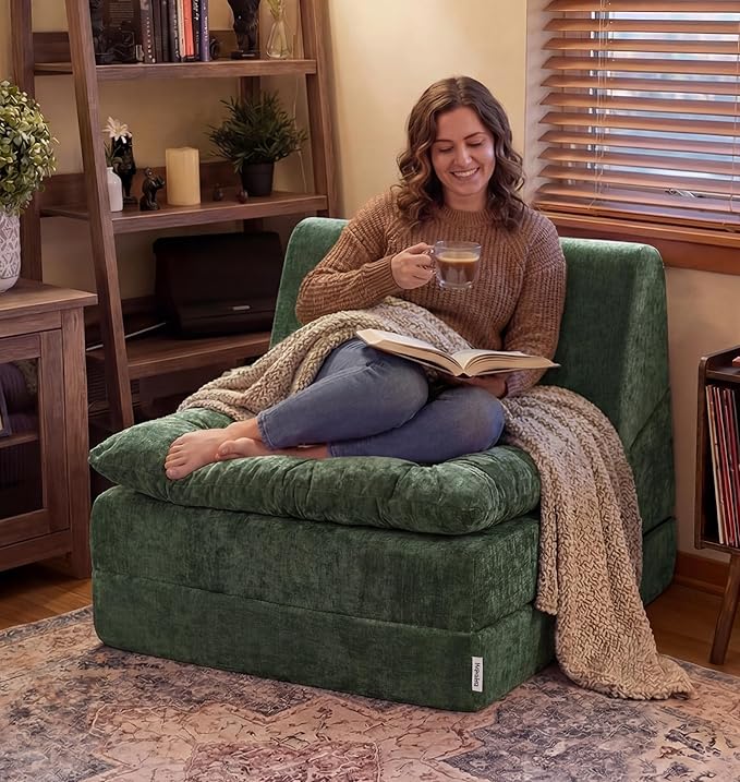 Hobestluk Sofa Couch Folding Sofa Bed Comfy Floor Lounger Convertible Sofa with Removable Cushion Couches for Small Spaces Foldable Mattress for Living Room Bedroom or Office (Chenille Green, Large)