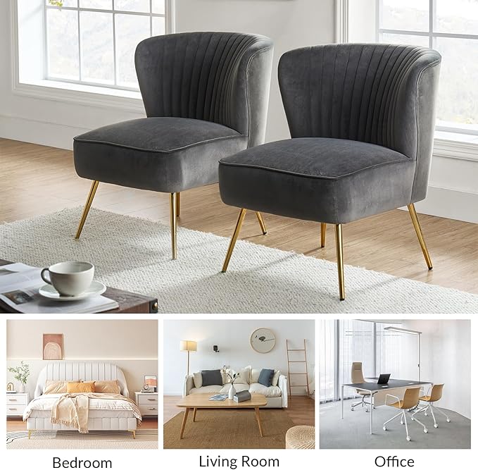 HULALA Home Velvet Accent Chair Set of 2, Modern Armless Upholstered Side Chair with Glam Gold Metal Legs for Vanity Living Room Bedroom - Grey