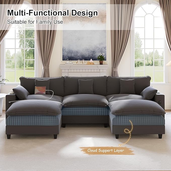 116" Modular Sectional Sofa, U Shaped Cloud Couch with Movable Ottoman, Chenille Deep Seat Cloud Sofa with Charging Station, Cup Holder, Side Pocket, Sectional Couches for Living Room, Grey