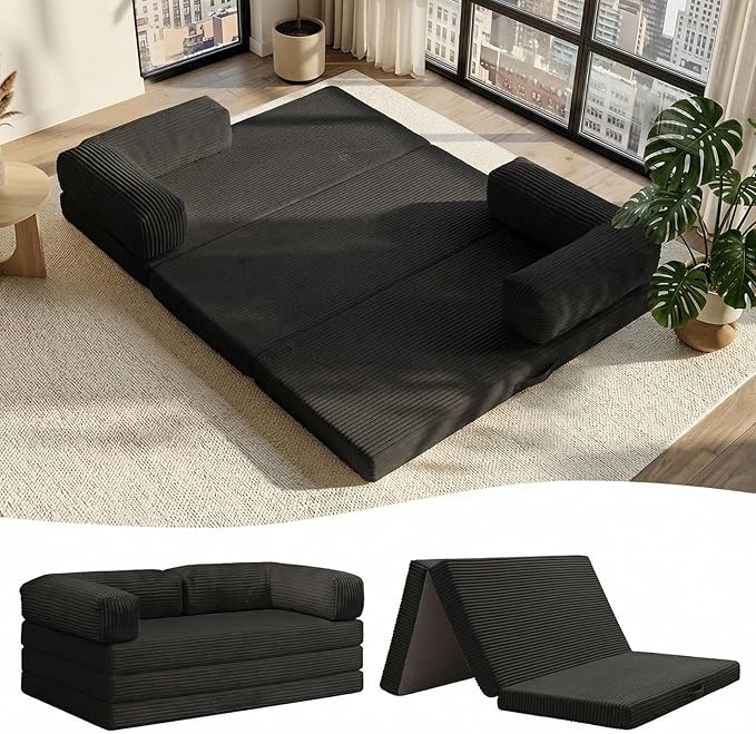 Folding Sofa Bed, Convertible Sleeper Chair with Pilow Foldable Matress, 2 in 1 Pull Out Loveseat Sofa Portable Fold Out Chair Bed Floor Couch Lounge for Living Room (Black, King-82 Lx76 W)