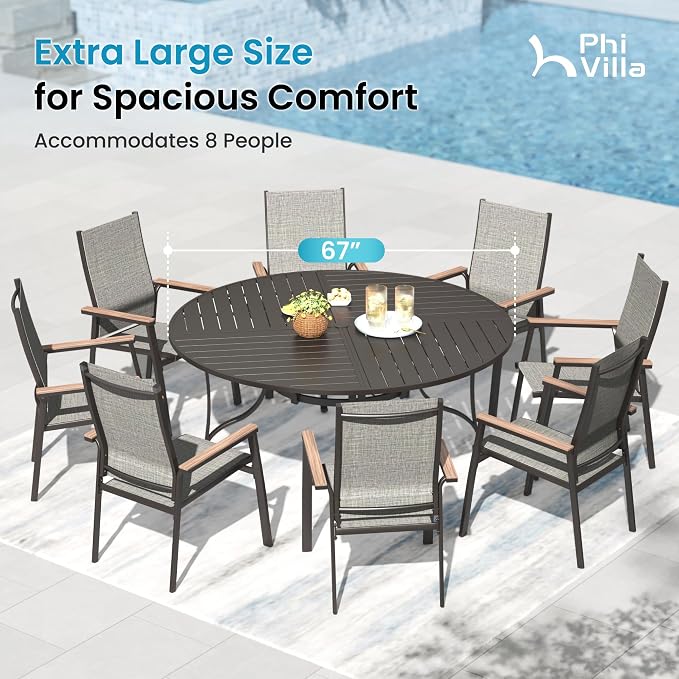 PHI VILLA 67" Outdoor Round Table for 8, Large Metal Wrought Iron Patio Dining Table with Umbrella Hole, All Weather Furniture for Outside Deck, Yard, Porch - Black - Image 5