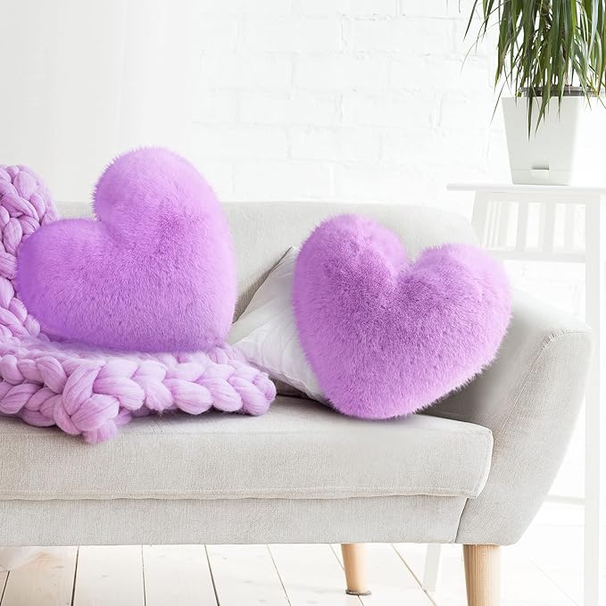 Marsui 2 Pcs Heart Throw Pillows, Soft Fluffy Faux Fur Decorative Hearts Shaped Pillows for Living Room Sofa Bed, Cute Heart Themed Gift for Women(Purple,11.81 x 11.02 Inch)
