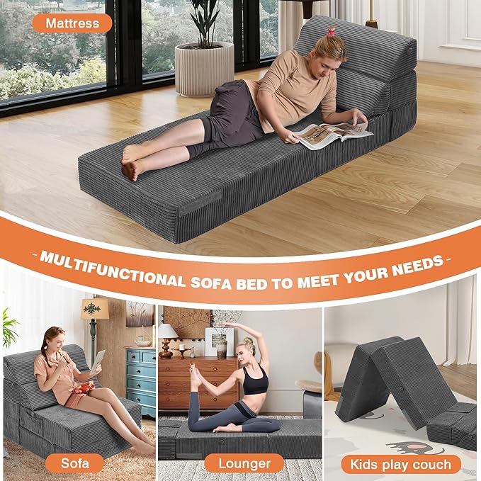 Comfy Folding Sofa Bed - Convertible Sleeper Sofa Fold Out Sofa Bed Sleeper Chair Couch for Living Room Guest, Foldable Floor Chairs Lounger Mattress with Back Support, Dark Grey