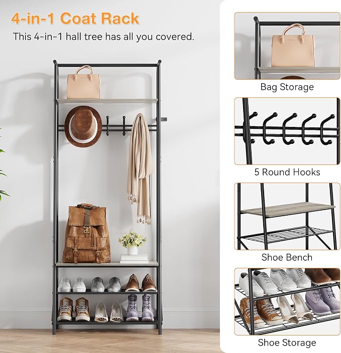 IDEALHOUSE Coat Rack Shoe Bench with 5 Hooks, Hall Trees Entryway Bench with Storage, Wood Look Accent Furniture with Metal Frame for Entryway, Living Room, Bedroom - Image 7