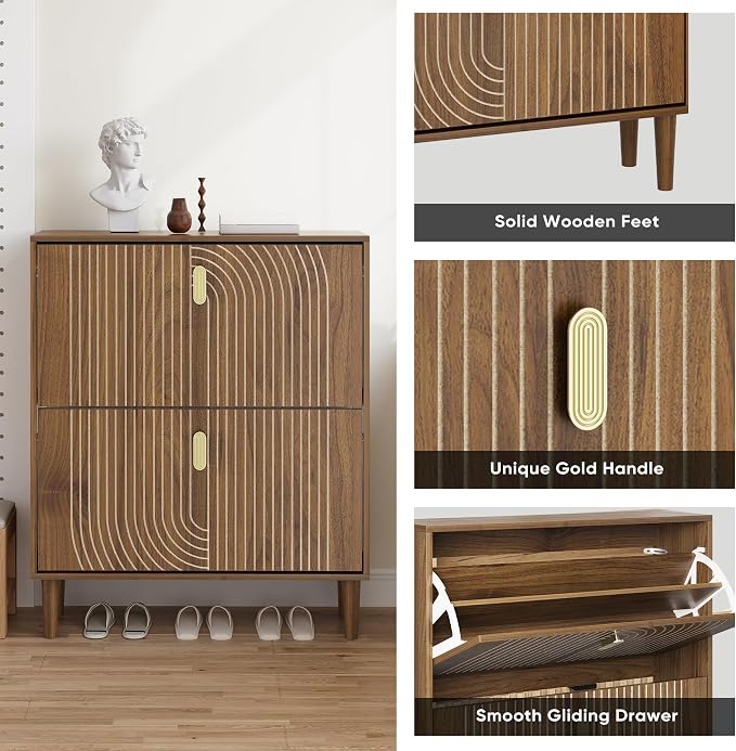 Smuxee Shoe Cabinet with 2 Flip Drawers, 31.5" Walnut Hidden Shoe Storage Cabinet with Line Groove Design, Freestanding Shoe Organizer Cabinet for Hallway, Entryway, Living Room - Image 5