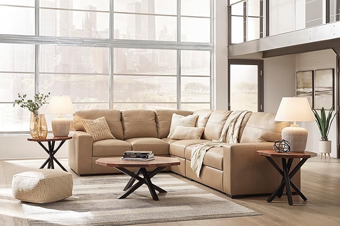 Signature Design by Ashley Bandon Modern Leather Match Left-Arm Facing 3-Piece Sectional with Removable Cushions and Armrest, Light Brown