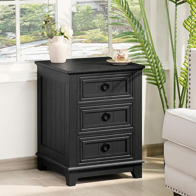 Joaxswe Farmhouse Night Stand Set of 2, 18" End Table with 3 Drawer Metal Handle, Dresser for Bedroom, Sofa Bed Side Table Chest of Drawers,Wood Nightstand Cabinet for Organizer, Living Room-Black - Image 7