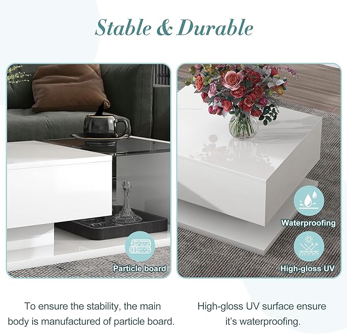 Modern Coffee Table with Tempered Glass, Wooden Cocktail Table with High-Gloss UV Surface, Modernist 2-Tier Rectangle Center Table for Living Room, White