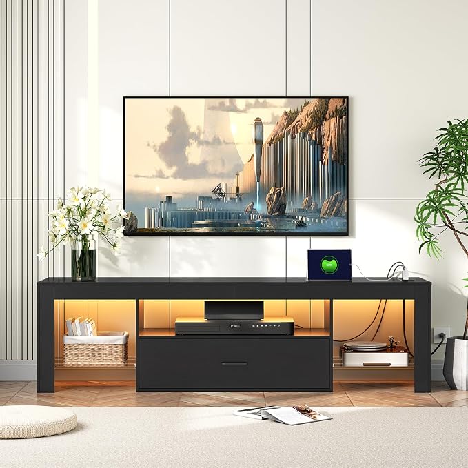 HOOBRO LED TV Stand with Power Outlets to 65 inch TV, Gaming Entertainment Center with Glass Shelves and Large Drawer, Modern Media TV Console Table for Living Room Bedroom, Black BB160UDDS01G1 - Image 2