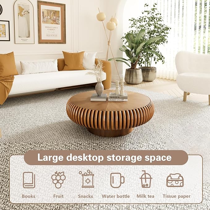 Round Drum Coffee Table Modern Unique Circle Drum Coffee Tables Mid Century Coffee Table with Sturdy Pedestal Fluted Tea Table for Living Room Office Small Space(Brown 31.5in)
