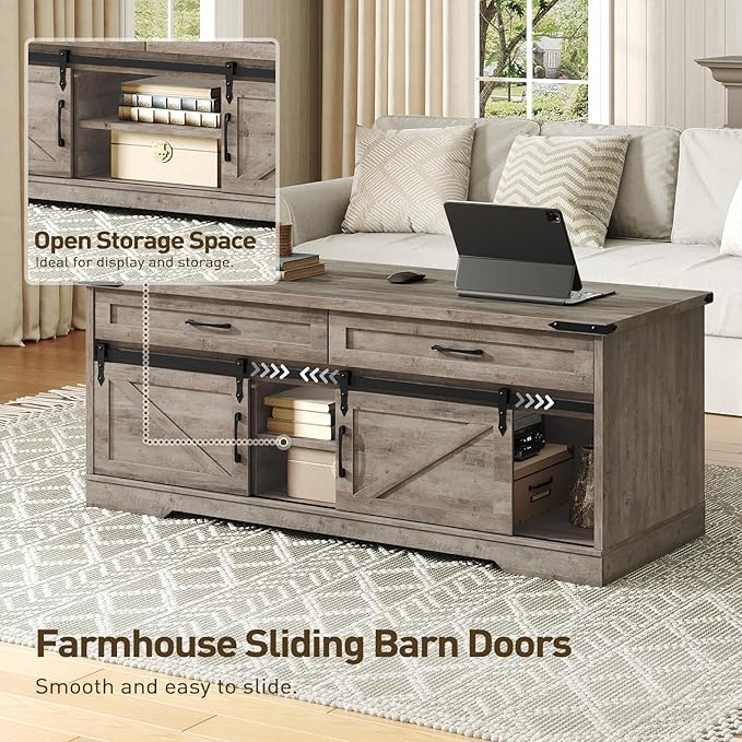 47" Farmhouse Coffee Table with Storage and 2 Drawers, Large Rustic Center Table with Sliding Barn Doors & Open Compartments, Wooden Coffee Table for Living Room, Greige