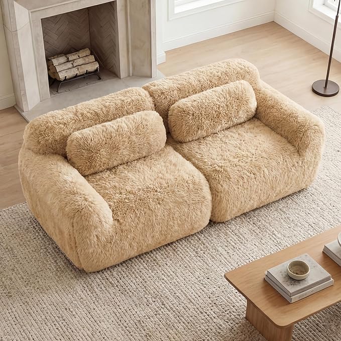 80.4-Inch Boneless Love Seat Couches in a Box, Modern 2 Seat Floor Modular Foam Cloud Sofa Faux Fur Loveseat Couch W/Angle Armrests for Home Apartments Bedroom