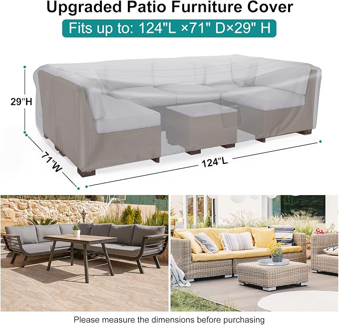Patio Furniture Set Cover Waterproof, Heavy Duty Furniture Covers for Outdoor Sectional Sofa Set Wicker Rattan Table Chair Rectangular,124"L×71"W×29"H,Grey - Image 2