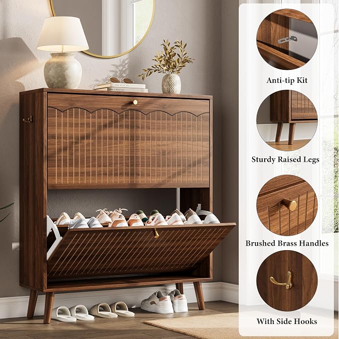 Nicetree Mid-Century Modern Slim Shoe Cabinet for Entryway, 9.5" Narrow Shoe Storage Cabinet with Architectural Arched Fluted Front, Entryway Shoe Storage with Adjustable Shelves,Classic Walnut - Image 5