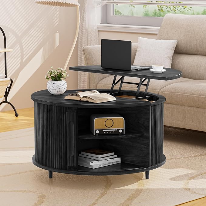 Round Lift Top Coffee Table, 31.5" Fluted Wood Lift Up Center Table with Sliding Door & Hidden Storage – Mid Century Modern Circle Coffee Table for Living Room, Home Office, Apartment (Black)