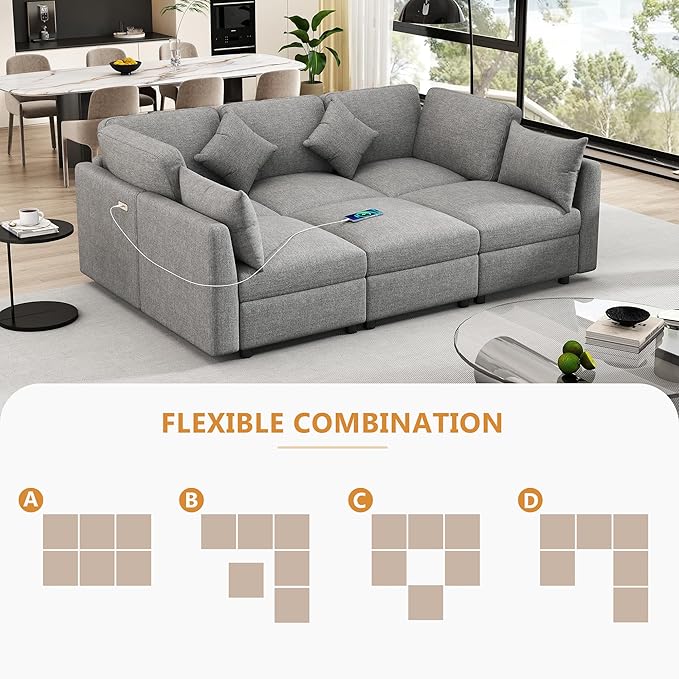 Eafurn 6 Seater Reversible Modular Sectional Sofa Convertible Sleeper Couch Bed, Free Combination Chenille Upholstered Corner Sofa Couches with USB Ports and Detachable Cushions (Light Gray)